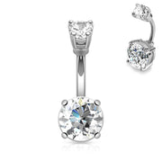14G surgical steel navel ring with double clear cubic zirconia gems, designed for a secure fit and featuring a non-dangle style