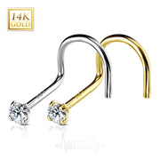 18G 14k gold corkscrew nose stud with 2mm cubic zirconia gem for a secure and comfortable fit