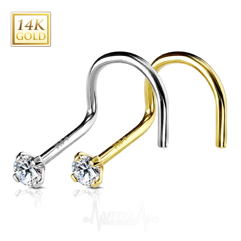 18G 14k gold corkscrew nose stud with 2mm cubic zirconia gem for a secure and comfortable fit