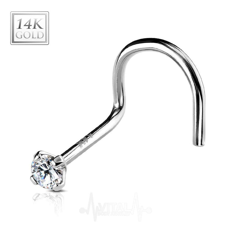 18G 14k gold corkscrew nose stud with 2mm cubic zirconia gem for elegant and comfortable wear