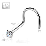 18G 14k gold corkscrew nose stud with 2mm cubic zirconia gem for comfortable all-day wear