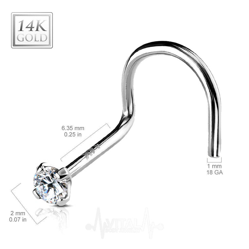 18G 14k gold corkscrew nose stud with 2mm cubic zirconia gem for comfortable all-day wear