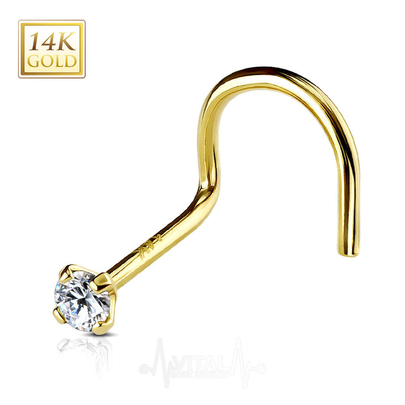 18G 14k gold corkscrew nose stud with 2mm cubic zirconia gem for a stylish and comfortable fit