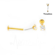 18G surgical steel labret stud with clear cubic zirconia gem for lip piercing in threadless design