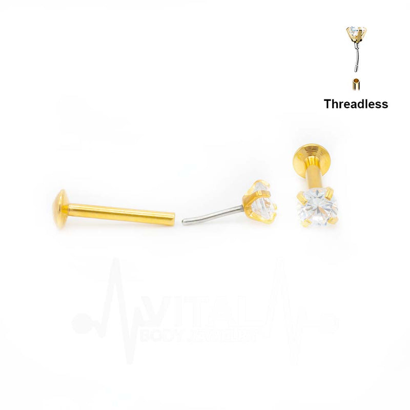18G surgical steel labret stud with clear cubic zirconia gem for lip piercing in threadless design