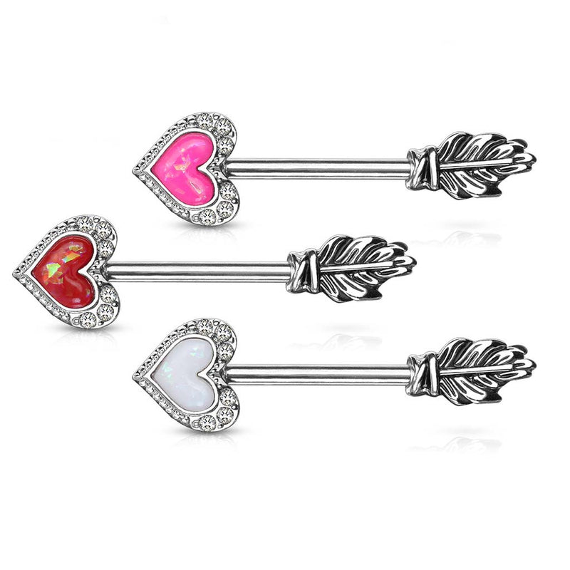 14G surgical steel nipple barbells with arrow heart design featuring opal and cubic zirconia accents, sold as a pair.