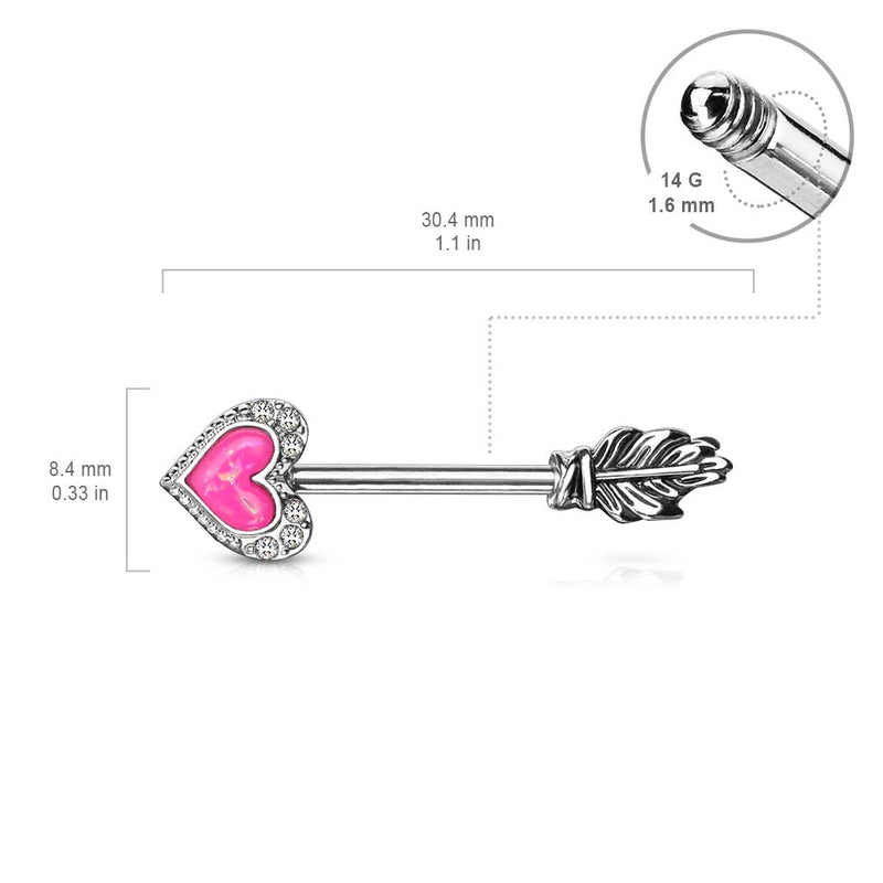 14G surgical steel nipple barbells with striking arrow heart design, featuring opal and cubic zirconia gems for added sparkle.