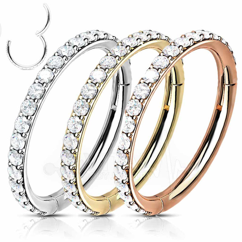 18G surgical steel hinged nose ring with cubic zirconia paved stones for a sparkling accent in any piercing.