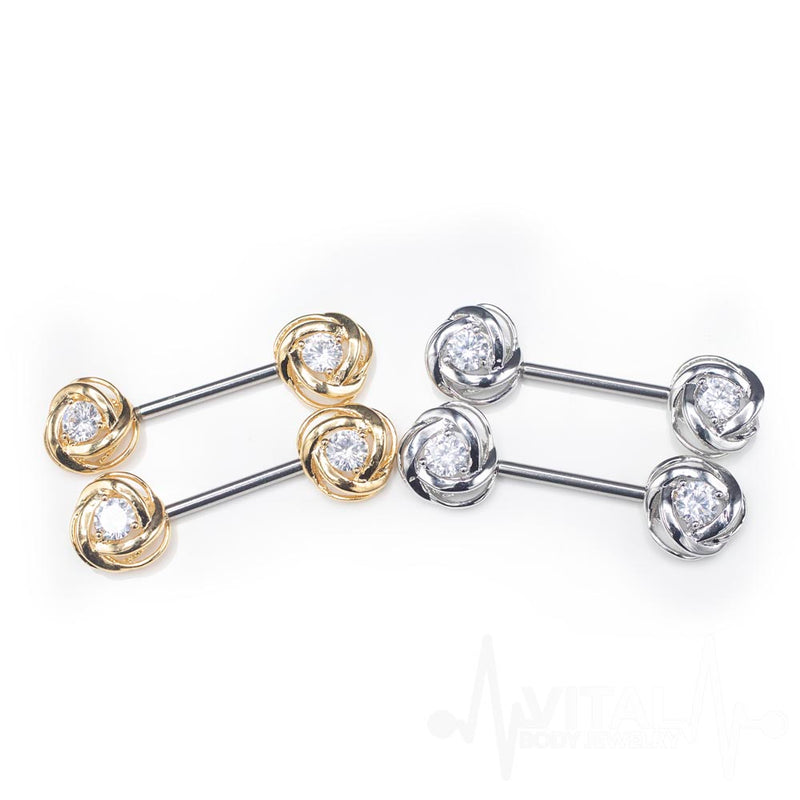 14G surgical steel nipple barbell with rose blossom design and centered cubic zirconia gem for added sparkle and elegance