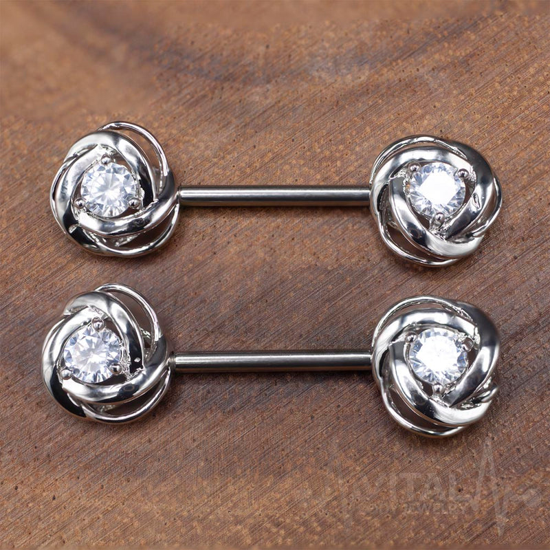 14G Surgical Steel Nipple Barbell - Rose Blossom with CZ Gem