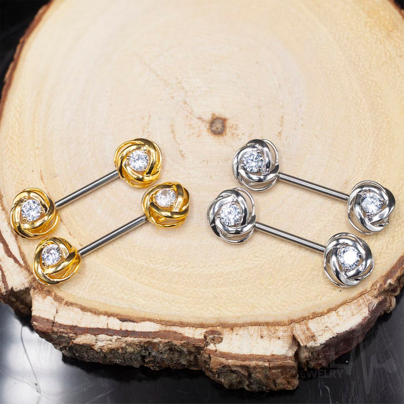 14G Surgical Steel Nipple Barbell - Rose Blossom with CZ Gem