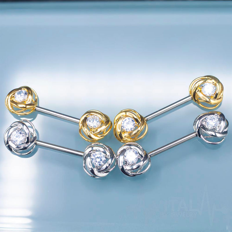 14G Surgical Steel Nipple Barbell - Rose Blossom with CZ Gem