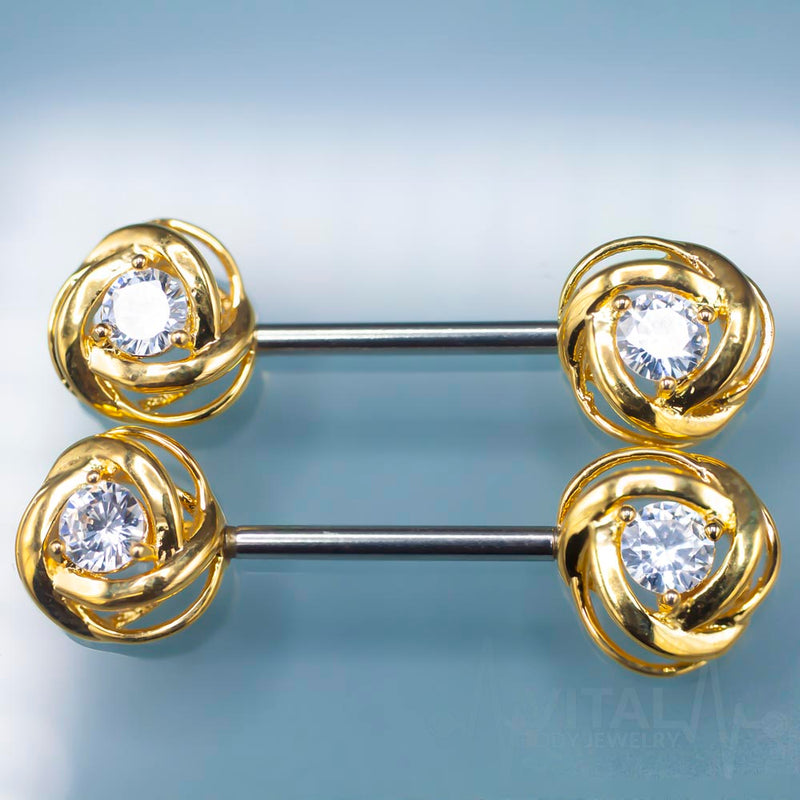 14G surgical steel nipple barbell with rose blossom design and cubic zirconia gem for elegant body jewelry style