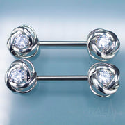 14G surgical steel nipple barbell with rose blossom design and sparkling cubic zirconia gem ends for a romantic touch