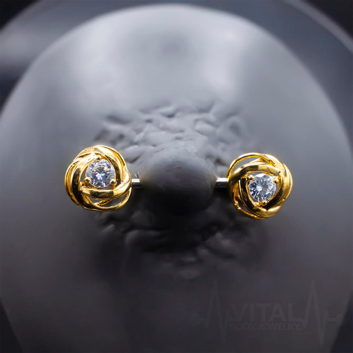 Pair of Rose Nipple Barbells, Gold or Silver color, 14G Surgical Steel Nipple Rings
