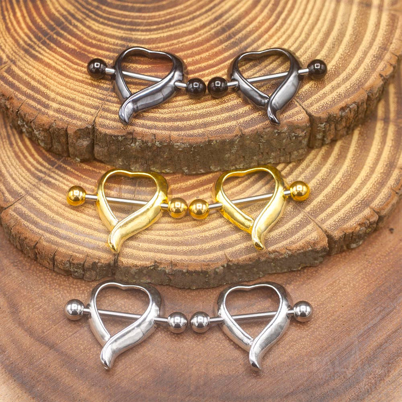 14G surgical steel nipple shields in heart shape design, hypoallergenic for sensitive skin with robust external threading for secure wear