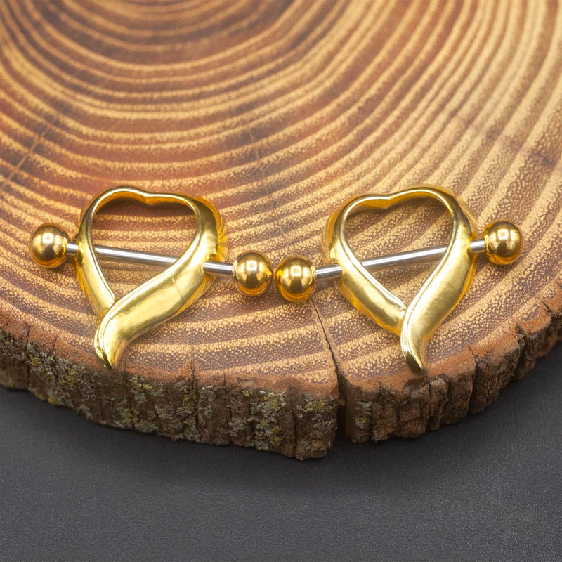 14G surgical steel heart shaped nipple shields with external threading for secure installation and hypoallergenic comfort.