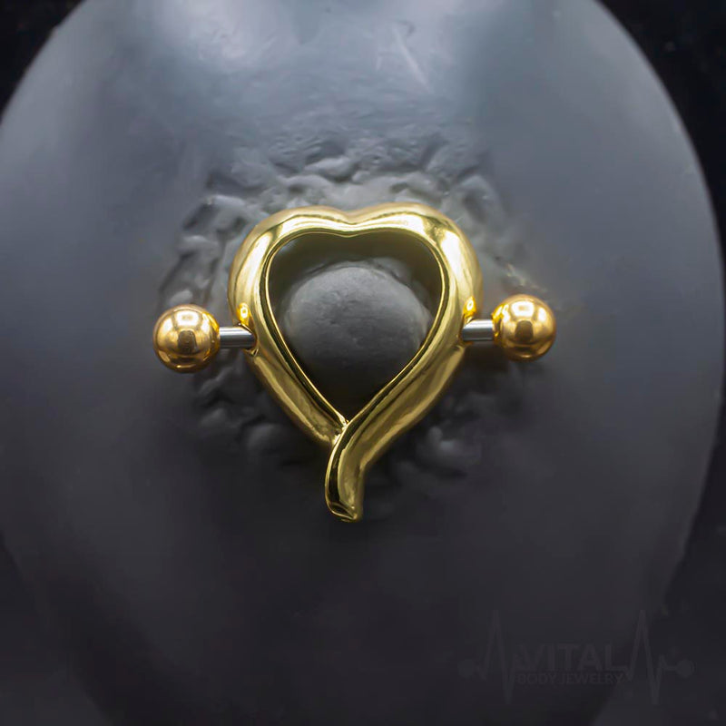 14G surgical steel nipple shields in heart shape design, hypoallergenic with robust external threading for secure installation