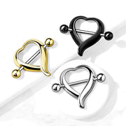 14G surgical steel nipple shields in heart shape design, featuring externally threaded ends for secure installation and a comfortable fit.