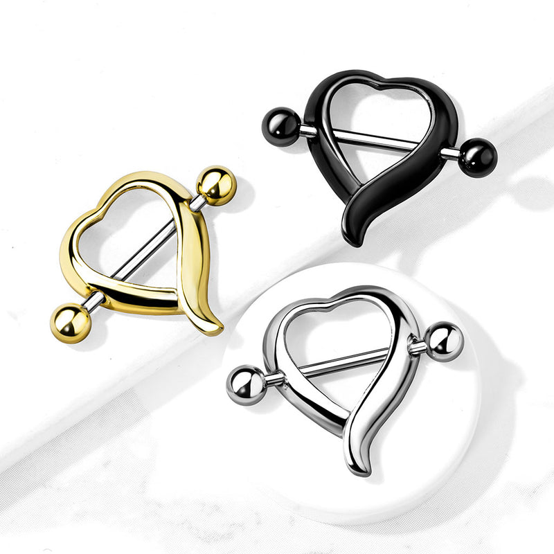 14G surgical steel nipple shields in heart shape design, featuring externally threaded ends for secure installation and a comfortable fit.