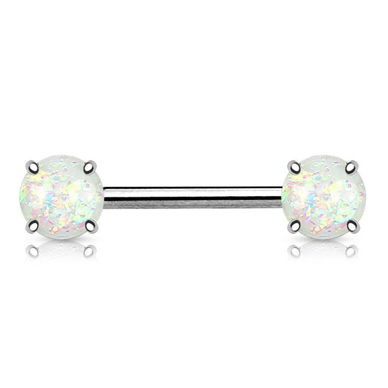 14G surgical steel nipple barbells with prong set opal glitter design for a dazzling and comfortable fit