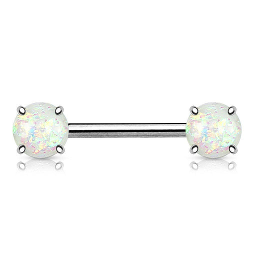 Pair of Nipple Barbells, Surgical Steel: Opal Glitter Front Facing Prong Set - vitalbodyjewelry