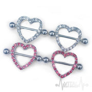 14G surgical steel nipple shields in heart design with cubic zirconia gems for a romantic touch and secure fit