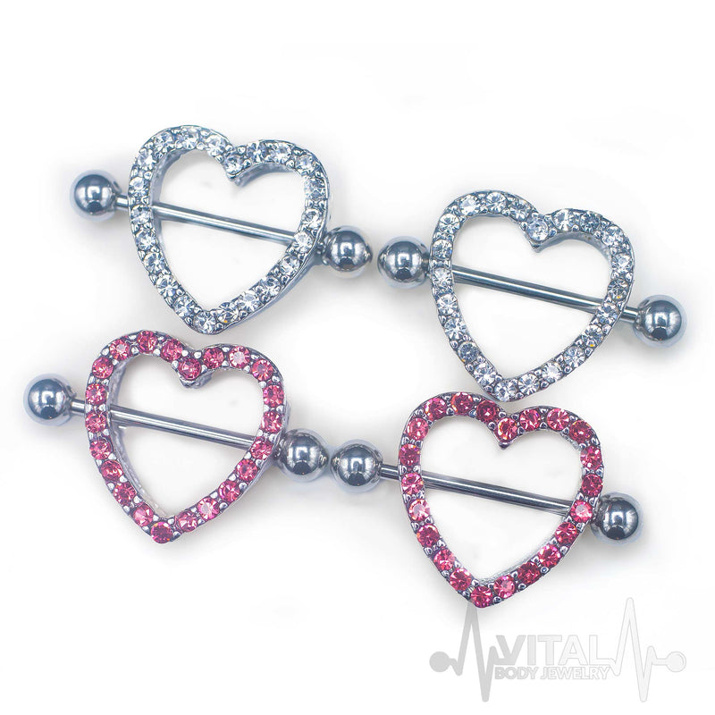 14G surgical steel nipple shields in heart design with cubic zirconia gems for a romantic touch and secure fit
