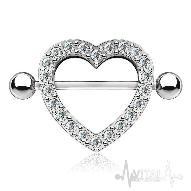 14G Surgical Steel Nipple Shields - Heart with CZ Gems