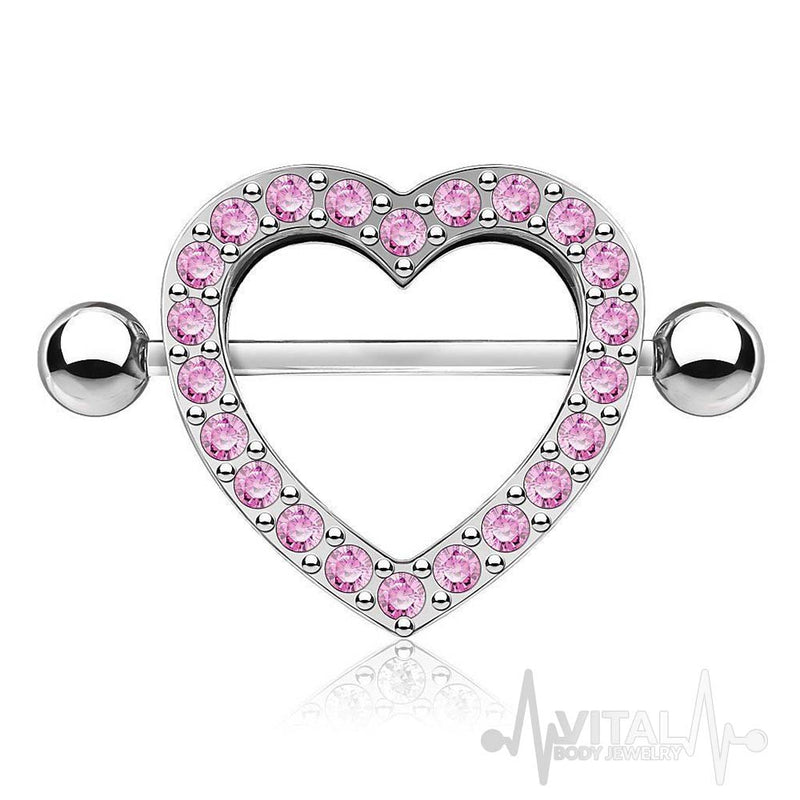 14G Surgical Steel Nipple Shields - Heart with CZ Gems