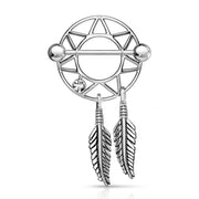 14G surgical steel nipple shields with dream catcher design and smooth finish for comfortable wear and healing.