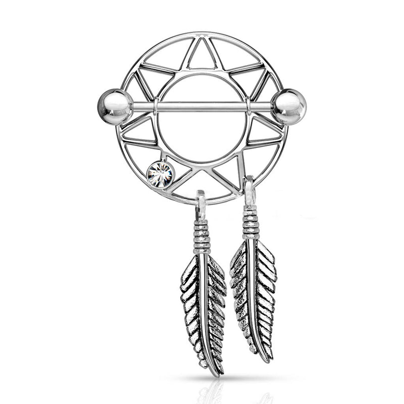 14G surgical steel nipple shields with dream catcher design and smooth finish for comfortable wear and healing.