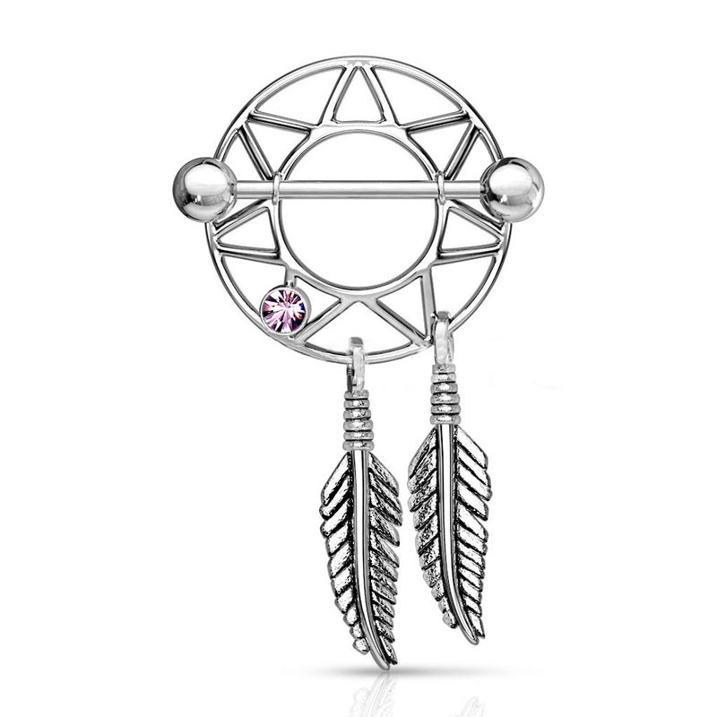 14G surgical steel nipple shields with dream catcher design in pink, featuring external threading for easy installation and a lightweight, comfortable fit.