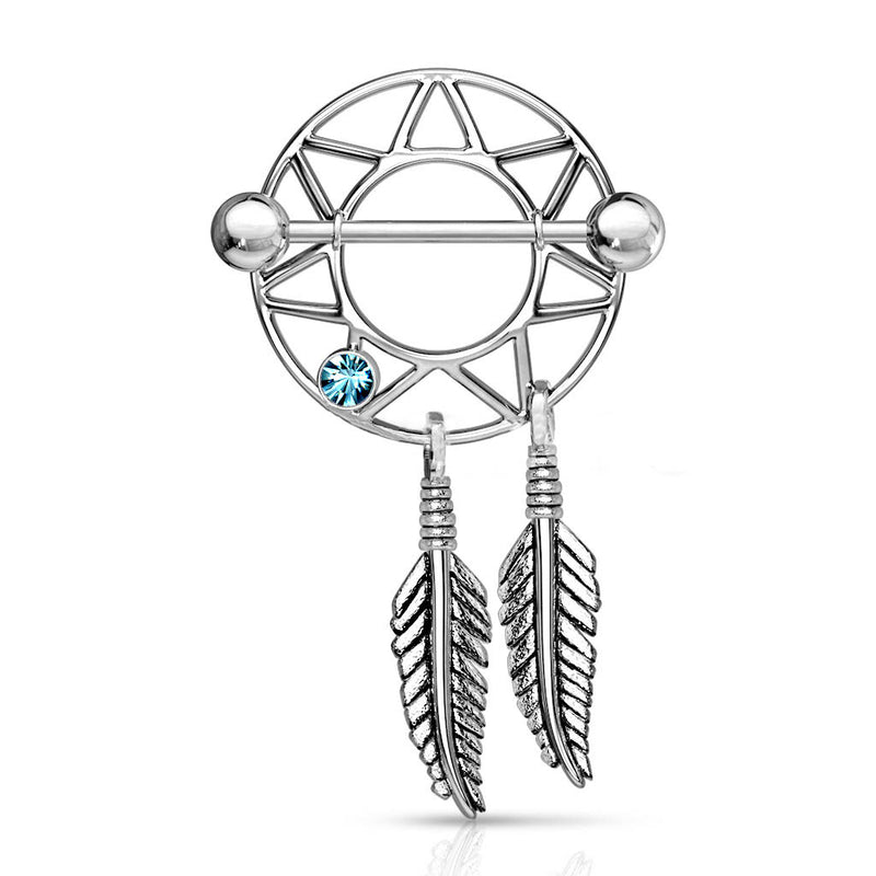 14G surgical steel nipple shields with intricate dream catcher design in vibrant blue for unique body jewelry style and comfort
