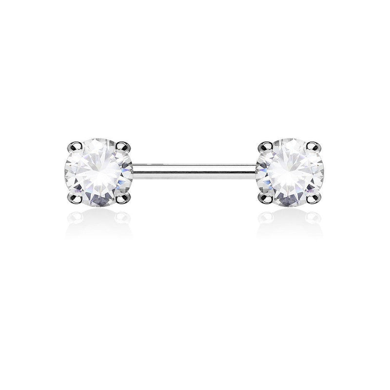 14G surgical steel nipple barbells with double CZ gems, externally threaded design for secure fastening and comfort.