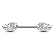 14G surgical steel nipple barbell with angel wings design, adorned with sparkling cubic zirconia gems for a touch of elegance
