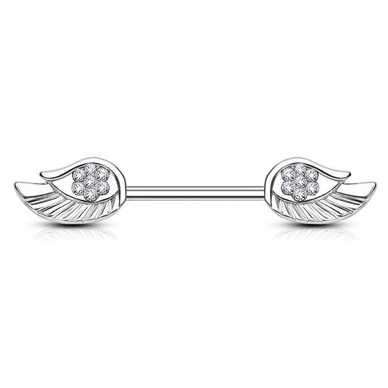 14G surgical steel nipple barbell with angel wings design, adorned with sparkling cubic zirconia gems for a touch of elegance