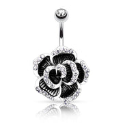 14G surgical steel navel ring with rose petal design and gem-paved edge for a stylish and elegant look