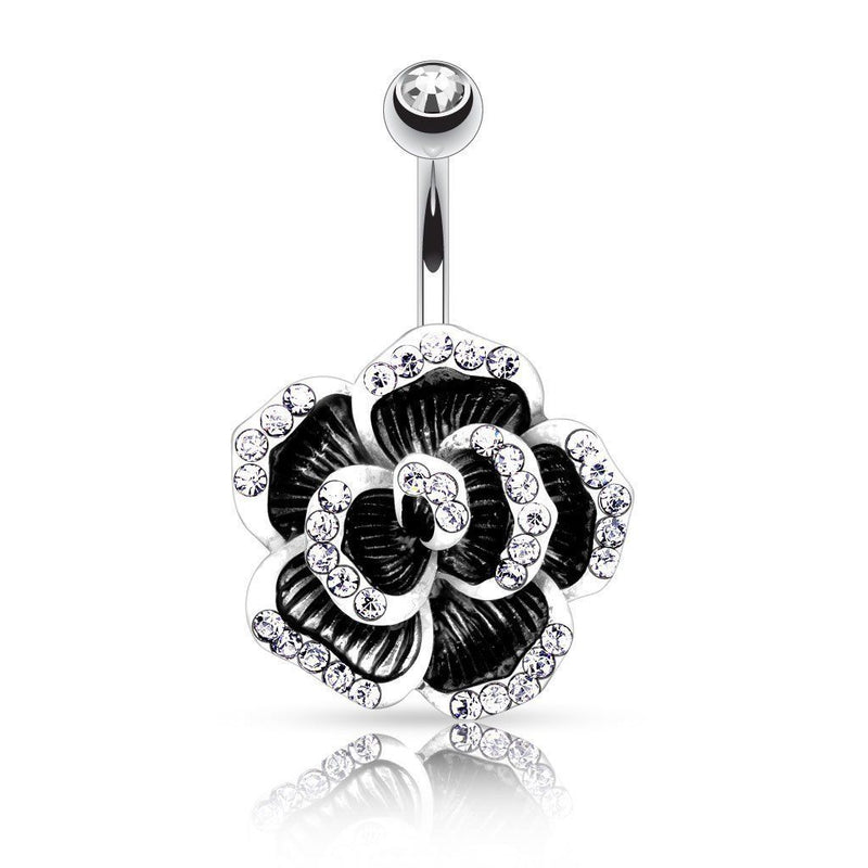 14G surgical steel navel ring with rose petal design and gem-paved edge for a stylish and elegant look