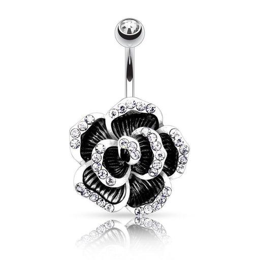 Surgical Steel Navel Belly Button Ring:Rose Petal With Gem Paved Edge - vitalbodyjewelry
