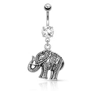 14G surgical steel navel ring with elephant dangle charm and cubic zirconia gem for a playful and elegant look