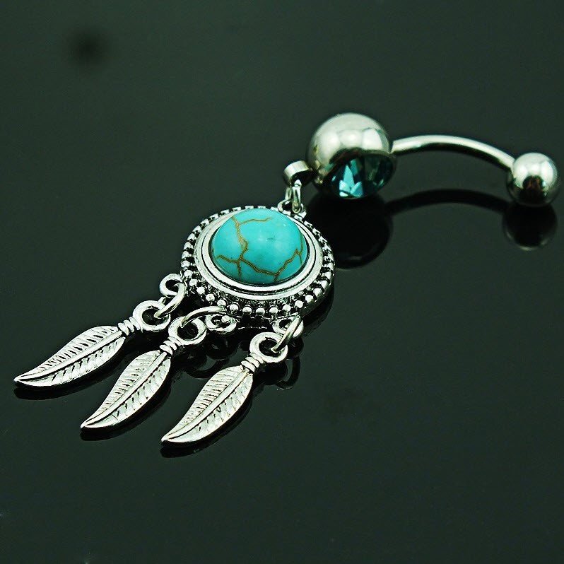 14G surgical steel belly button ring with dream catcher design and turquoise semi-precious stone, featuring dangling leaves for added movement