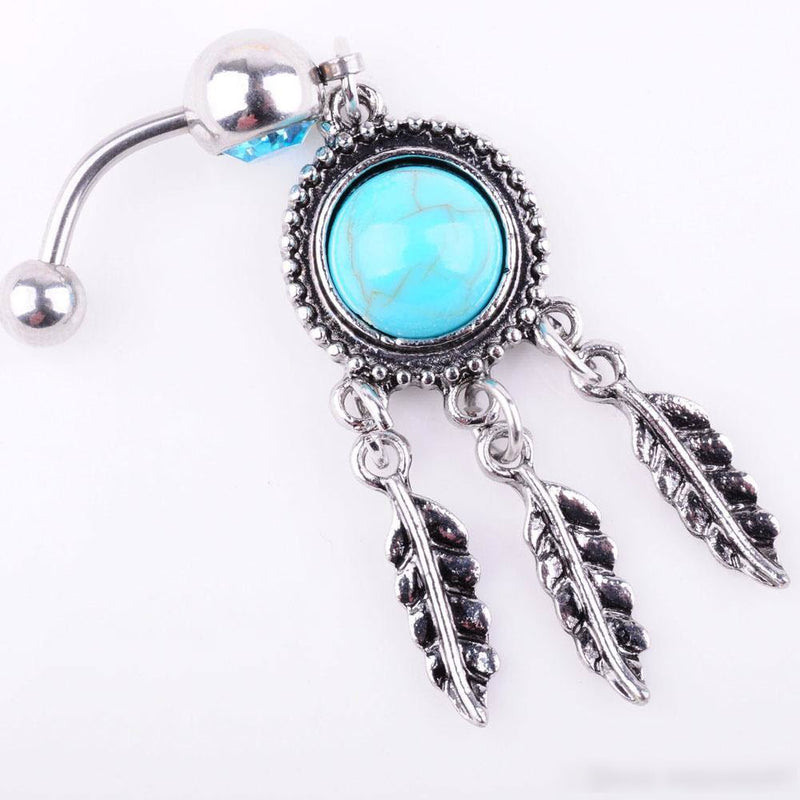 14G surgical steel belly button ring with dream catcher design and turquoise semi-precious stone, featuring delicate dangling leaves for a unique style.