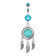 14G surgical steel belly button ring with dream catcher design and turquoise stone, featuring delicate dangling leaves for added movement.