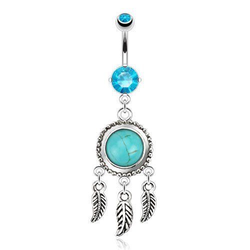 Belly Button Rings with Dream Catcher Dangle which holds a Turquoise Semi Precious Stone and Leaves - vitalbodyjewelry