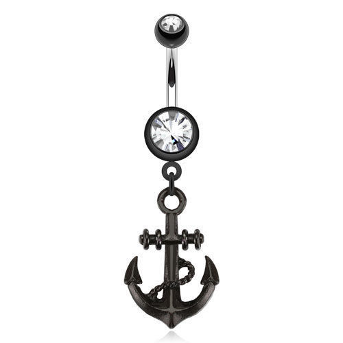 14G PVD coated surgical steel navel ring with anchor dangle design and externally threaded ball ends for comfortable wear