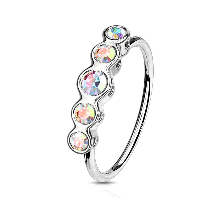 20g Bendable Nose Hoop Rings with Five Round CZ , Surgical Steel, Bezel Set Top. Multicolor, For Ear Cartilage, Eyebrow, Nose and More.