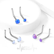 20G surgical steel L-bend nose ring with 2mm and 3mm opal gems for a secure and stylish fit.