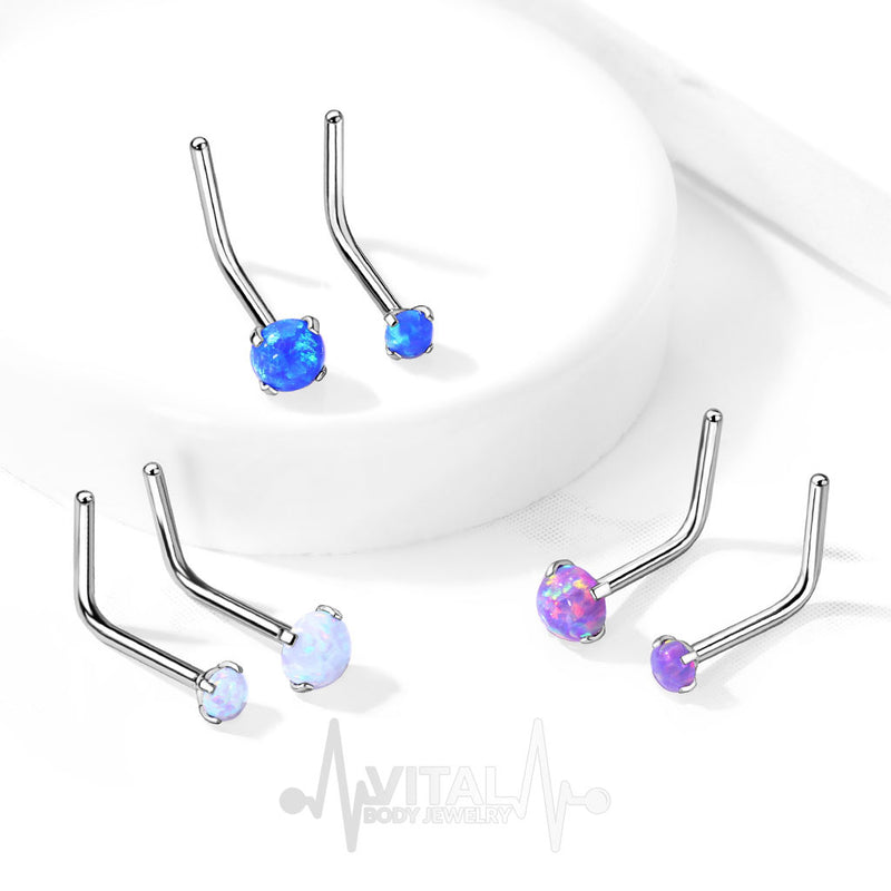 20G surgical steel L-bend nose ring with 2mm and 3mm opal gems for a secure and stylish fit.