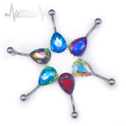 14G surgical steel belly button ring with colorful cubic zirconia gems in heart filigree design, non-dangle and externally threaded.